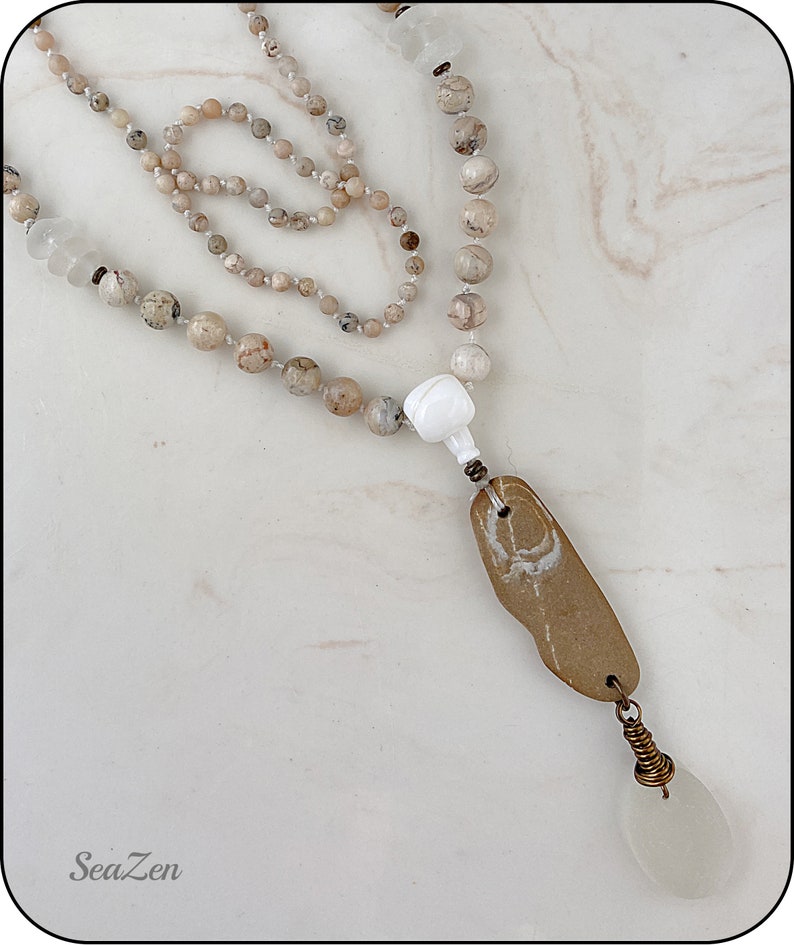 Sea Glass, White, Clear, African Opal, Beach Stone, Brass, Hand Knotted Mala Style Necklace 811 image 4