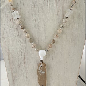 Sea Glass, White, Clear, African Opal, Beach Stone, Brass, Hand Knotted Mala Style Necklace 811 image 2