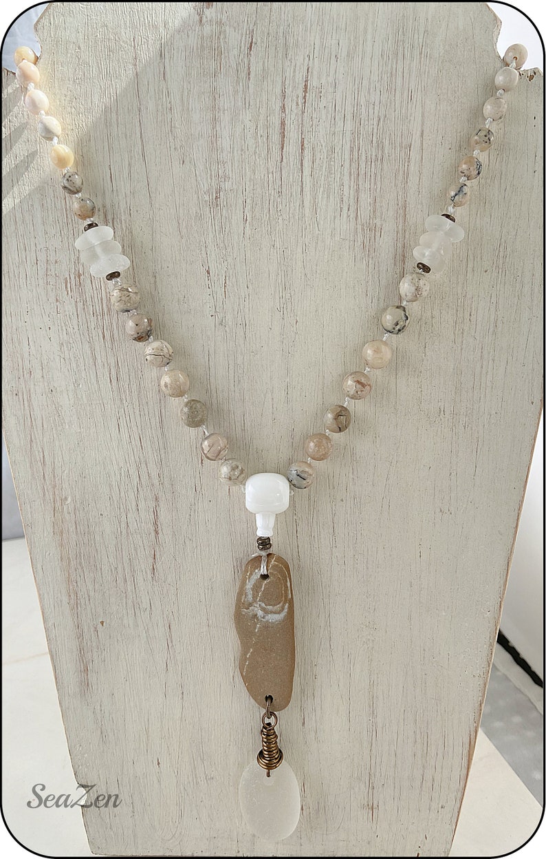 Sea Glass, White, Clear, African Opal, Beach Stone, Brass, Hand Knotted Mala Style Necklace 811 image 2