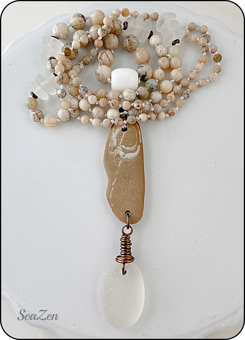 Sea Glass, White, Clear, African Opal, Beach Stone, Brass, Hand Knotted Mala Style Necklace 811 image 6