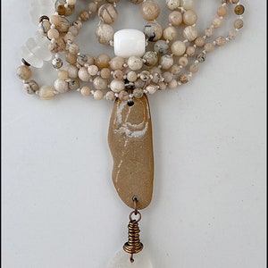 Sea Glass, White, Clear, African Opal, Beach Stone, Brass, Hand Knotted Mala Style Necklace 811 image 3
