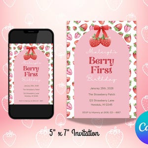 Strawberry Berry First Birthday Invitation Template