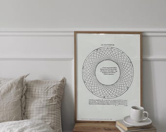 May include: A black and white print of a geometric design in a wooden frame. The print features a circle with a grid pattern and Latin text. The print is hanging on a white wall above a wooden table with a white mug and books.