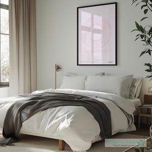 May include: A white bed with a gray blanket and white pillows in a bedroom with a framed pink and white geometric design print on the wall.