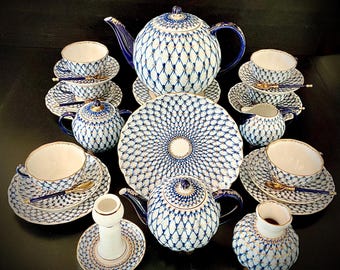 ロモノーソフ LOMONOSOV ソ連時代 コバルトネット トリオ ポットセット Russian Imperial Lomonosov Porcelain Cobalt Net Trio Cup and