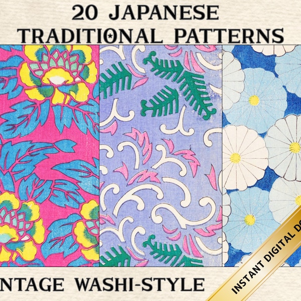 Japanese Traditional Patterns – Vintage Kimono, Washi-Style Digital Paper (20 Motifs)