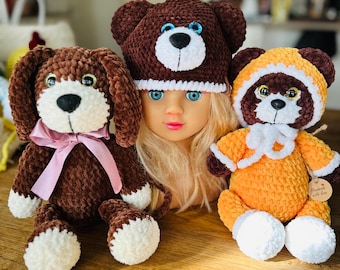 Gorro de peluche de ganchillo, peluches de cachorro, gorro bonito, gorros suaves y acogedores para bebés, gorro de osito de peluche para sesión de fotos de bebés, gorro de osito de peluche amigurumi para bebé, osito de peluche en pijama.