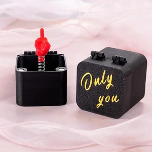 Könnte beinhalten: Zwei schwarze Boxen, eine mit dem Schriftzug "Only you" in goldener Schrift. Die andere Box hat eine rote Hand, die den Mittelfinger auf einer Feder zeigt. Die Boxen stehen auf rosa Hintergrund.