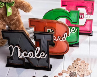 Custom Letter Piggy Bank with Name, Wooden Coin Bank, Personalized Money Box for Children, Fun Gift for Boys & Girls