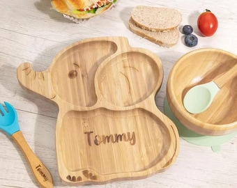 Custom Engraved Bamboo Baby Plate & Bowl Set – Suction Feeding Set with Spoon, Personalized Baby Shower Gift for Newborns and Toddlers