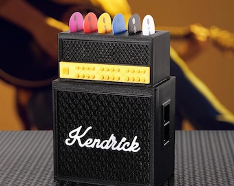 Porta-palhetas personalizado impresso em 3D para amplificador combo de guitarra, estojo para 6 palhetas com nome personalizado, presente para guitarristas e músicos.