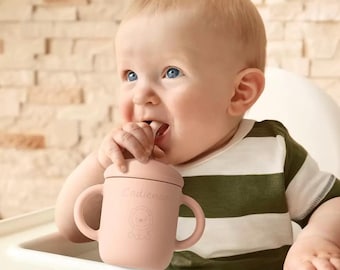 Personalized Silicone Baby Cup, Custom 6 oz Animal Cup with Lid & Straw, Baby and Toddler Sippy Cup Gift for 6+ Months