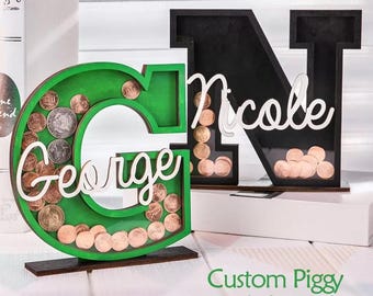 Custom Wooden Letter Piggy Bank, Personalized Name Coin Box, Alphabet Money Bank for Kids, Gift for Birthday or Baby
