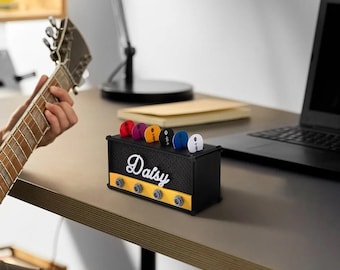 Porta-palhetas personalizado para amplificador de guitarra, estojo para 6 palhetas impresso em 3D, acessório musical para guitarristas e fãs de ukulele.