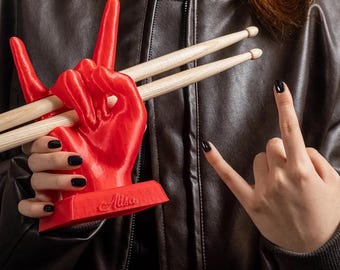Soporte para baquetas o montaje en pared personalizado con impresión 3D, soporte para gestos de rock/Fausto con nombre personalizado, un regalo genial para bateristas.