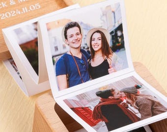 Wooden Pull-Out Photo Album Custom Text, Accordion Memory Box Gift, Personalized Photo Keepsake for Anniversary, Christmas, Special Occasion