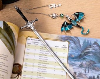 Drachen Schwert Lesezeichen, Fantasy Metall Lesezeichen mit Drache Anhänger, literarisches Geschenk für Leser, Bücherwürmer & Fantasy-Liebhaber