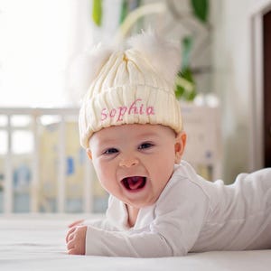 Custom Double Pom Pom Hat for Babies & Toddlers – Personalized Winter Beanie | Newborn Gift | Baby Girl Boy Hat in 5 Colors