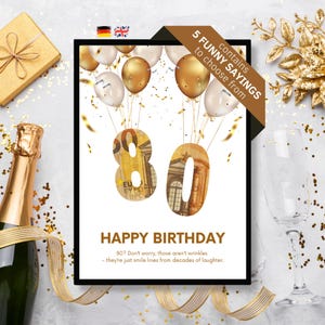 Puede incluir: Una tarjeta blanca con un número 80 dorado y blanco hecho de billetes de euro. El número está rodeado de globos dorados y blancos. La tarjeta tiene el texto "Feliz cumpleaños" y el texto "80? No te preocupes, esas no son arrugas - son solo líneas de sonrisa de décadas de risa."