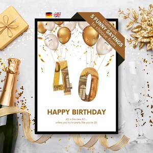 PDF - presente em dinheiro de 40 anos / cartão de aniversário / parabéns / doar dinheiro de forma criativa / download instantâneo para impressão