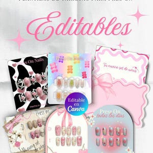 Może przedstawiać: Kolekcja różowych i białych szablonów paznokci typu press-on z różnymi wzorami, w tym nadrukiem krowy, żelkami i kokardkami. Widoczne teksty "Editables" i "Press On Nails", a także "Editable en Canva".