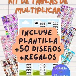 Könnte beinhalten: Ein farbenfrohes Lernset mit Multiplikationstabellen, das verschiedene Designs und den Text "KIT DE TABLAS DE MULTIPLICAR" zeigt. Enthält eine Vorlage, 50 Designs und Geschenke. Der Text "Editable en Canva" ist ebenfalls sichtbar.