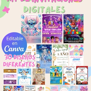 Puede incluir: Un conjunto de 30 diseños de invitaciones digitales, editables en Canva. Las invitaciones presentan varios temas, incluyendo personajes de dibujos animados, celebraciones de cumpleaños y anuncios de eventos. Los diseños son coloridos y llamativos.