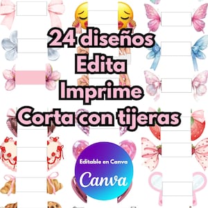 Puede incluir: Una plantilla de diseño digital con elementos decorativos como cerezas, lazos, mariposas y emojis. El texto incluye "24 diseños", "Edita", "Imprime", "Corta con tijeras" y "Editable en Canva". El diseño es rosa y blanco.