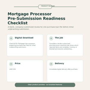 May include: A digital Mortgage Processor Pre-Submission Readiness Checklist document. The layout features dark green text on a light beige background, organised into four distinct sections labelled Digital download, The job, Price, and Delivery.