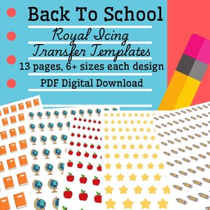Puede incluir: Gráfico de descarga digital con plantillas de transferencia de glaseado real con el tema "Back To School". El diseño incluye imágenes de libros, globos terráqueos, manzanas, estrellas y lápices. El texto indica 13 páginas con más de 6 tamaños por diseño, disponible como descarga PDF.