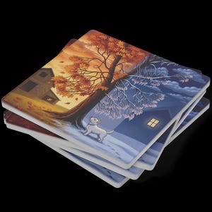 Posavasos de piedra con diseño de árbol para otoño e invierno, juego de bebidas absorbentes, regalo para amantes de los perros.