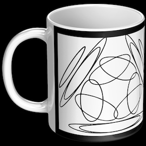 May include: White ceramic mug with a black abstract design. The mug features a black border at the top and bottom, and a white handle. The design consists of black, overlapping oval shapes. The mug is set against a black background.