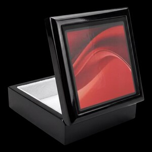 Abstract Red Wave Wooden Jewelry Box, Modern Sleek Crimson Keepsake Box with Ceramic Tile Lid, Elegant Desk Organizer Memory Box