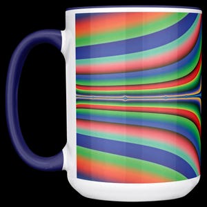 May include: White ceramic mug with a blue handle and rim. The mug features a vibrant, colorful design of curved stripes in shades of red, green, and blue. The design wraps around the mug, creating a visually dynamic pattern.