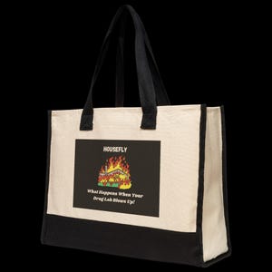 Funny Housefly Tote Bag - Sarcastic Drug Lab Fire Art - Double Sided Premium Canvas - Weird Aesthetic Gift - Dark Humor Shoulder Bag