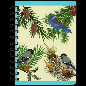 May include: A spiral-bound notebook with a cream-colored cover featuring illustrations of three birds perched on pine branches with brown pinecones. The notebook has a bright turquoise border along the left and right edges and a black wire coil.