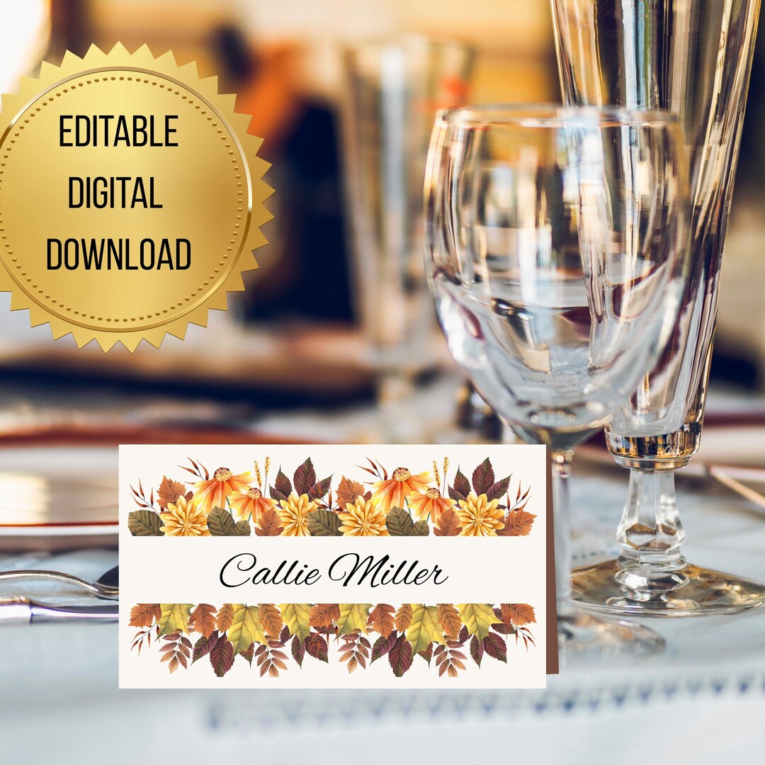 Thanksgiving Place Card Template Editable Fall Floral Design (digital