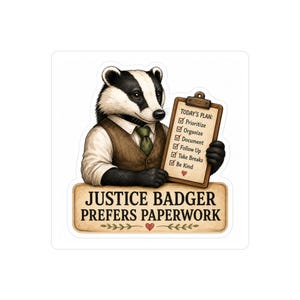 Puede incluir: Una pegatina con un tejón de dibujos animados con traje, sosteniendo una carpeta con una lista de verificación. El texto dice "Today's Plan: Prioritize, Organize, Document, Follow Up, Take Breaks, Be Kind." Debajo, dice "Justice Badger Prefers Paperwork."