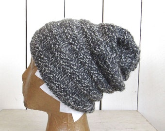 Hand Knit Beanie Hat Wool Accordion Toque Slouchy All Natural 100% Wool Hat Gray White Mix