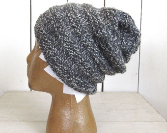 Hand Knit Slouchy Beanie Hat - Wool Accordion Toque - All Natural 100% Gray and White Wool Hat - Only One Left