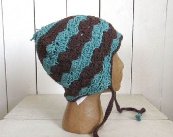 Ear Flap Hat - Pom Pom Tassel Chin Strap Hat - Crochet Striped Beanie - Brown Turquoise Blue - Wool Cotton - Adult Large L - Ready to Ship
