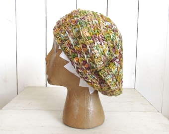 Crochet Beret Hat - Winter Tam - Crochet Snood Hat - Boho Hippie Hat - Mustard Pink Green Wool - One of a Kind - Adult Small S / Kids