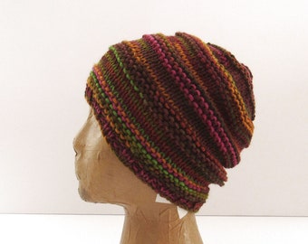 Cherry Cola Beanie Hat - Fitted Beanie Hat - Hand Knit Winter Skull Cap - Vegan Friendly Fibers - Green Brick Red Mustard Brown Pink