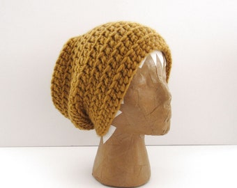 Beanie Hat - Wool Blend Crochet Slouchy Knit Winter Hat - Large - Mens Womens Kids - Mustard Yellow - Ready to Ship