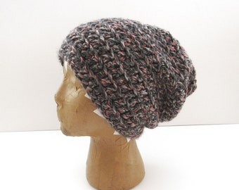 Beanie Hat - Crochet Slouchy Knit Winter Hat - Medium - Mens Womens Kids - Gray Pink Mix - Ready to Ship