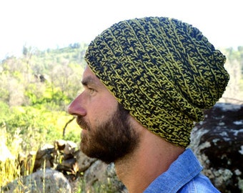 Slouchy Cotton Beanie - Black Avocado Green - Small - Limited Edition - Only One Left - Ready To Ship