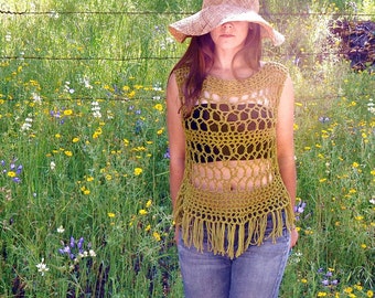 Crochet Festival Top - Sleeveless Cotton Tank Top - Mesh Crop Top with Fringe - Beach Cover Up - Only White and Red Left - Ready to Ship