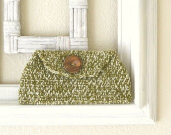 Crochet Clutch - Envelope Wallet - Crochet Pouch - Moss Green White - Small Cozy Case