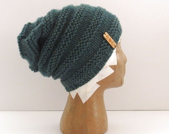 100 Percent Wool Beanie Hat - Hand Knit Beanie Hat - Slouchy Stripe Accordion Toque Beanie - Blue Green Jade Beanie