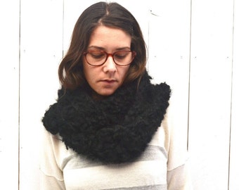 Wool Infinity Scarf - Crochet Circle Scarf - Plush Mohair Wool Blend Cowl -  Black